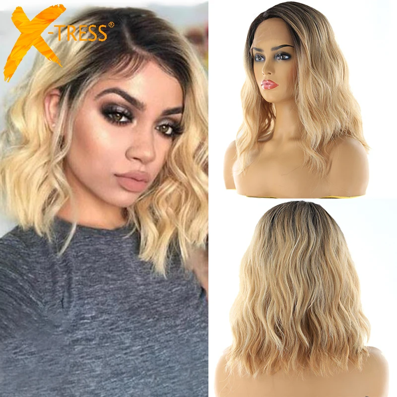 Buy Lace Front Synthetic Hair Wigs X TRESS Ombre Brown Blonde Color Natural Wave Side Part 12 Short Bob L Part Lace Wig For Women