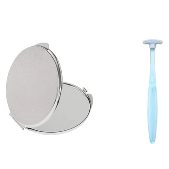 

Foldable Pocket Mirror Cosmetics Compact Makeup Mirror - Silver with& the Surface of Tongue Oral Cleaning Brushes (Blue)