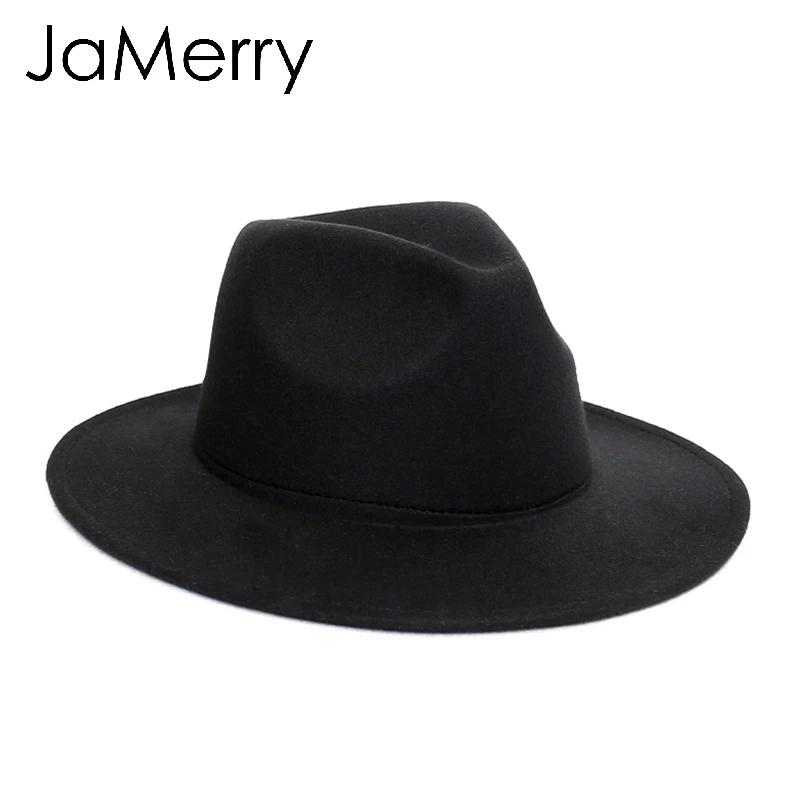 JaMerry винтажная шерстяная Фетровая Шляпа Fedora с широкими большими полями, женская элегантная Осенняя Зимняя шляпа-федора, одноцветная шляпа от солнца, женские шляпы - Цвет: Черный