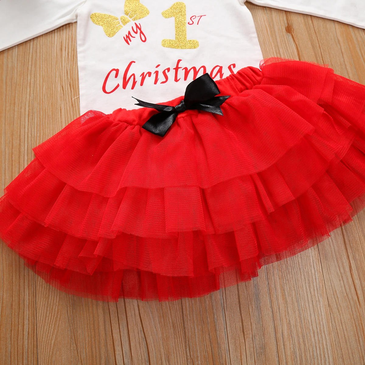 Детский праздничный топ с длинными рукавами и надписью «My First Christmas» для новорожденных девочек; сетчатая юбка; леггинсы в горошек; одежда