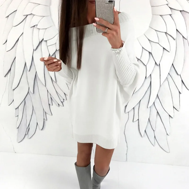 Осенне-зимнее женское трикотажное платье Vestidos, однотонное Повседневное трикотажное платье с длинным рукавом и открытыми плечами, теплый пуловер, платье-свитер