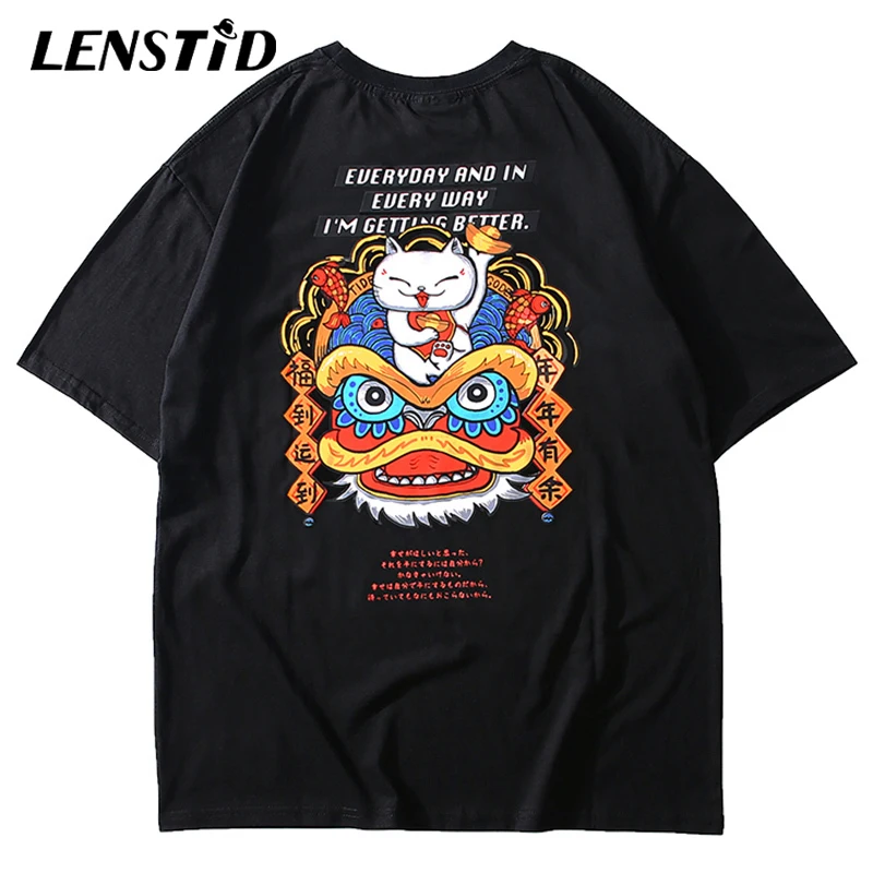 LENSTID Футболка Мужская Хип-Хоп Уличная одежда год танцы Лев счастливый кот футболка короткий рукав хлопок Harajuku футболка футболки