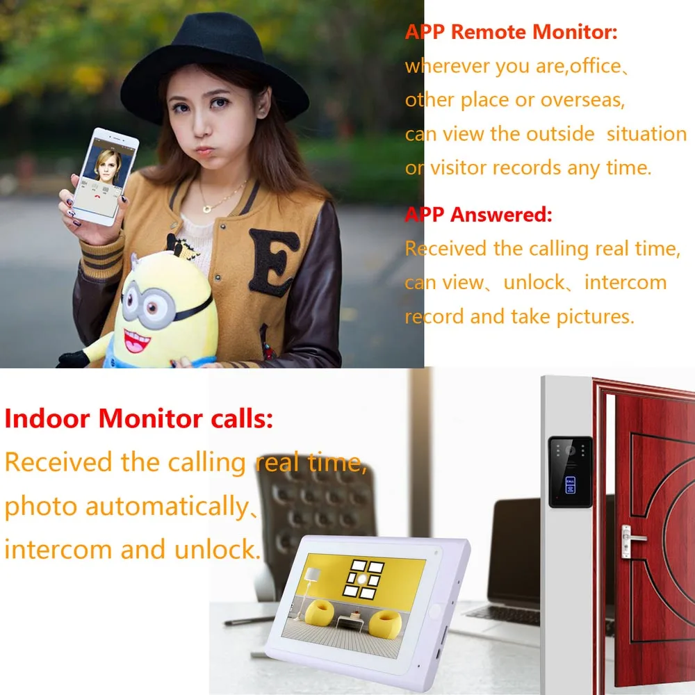 2 монитора 7 дюймов беспроводной Wifi RFID видео телефон двери дверной звонок Домофон Система с проводным IR-CUT 1080P Проводная камера