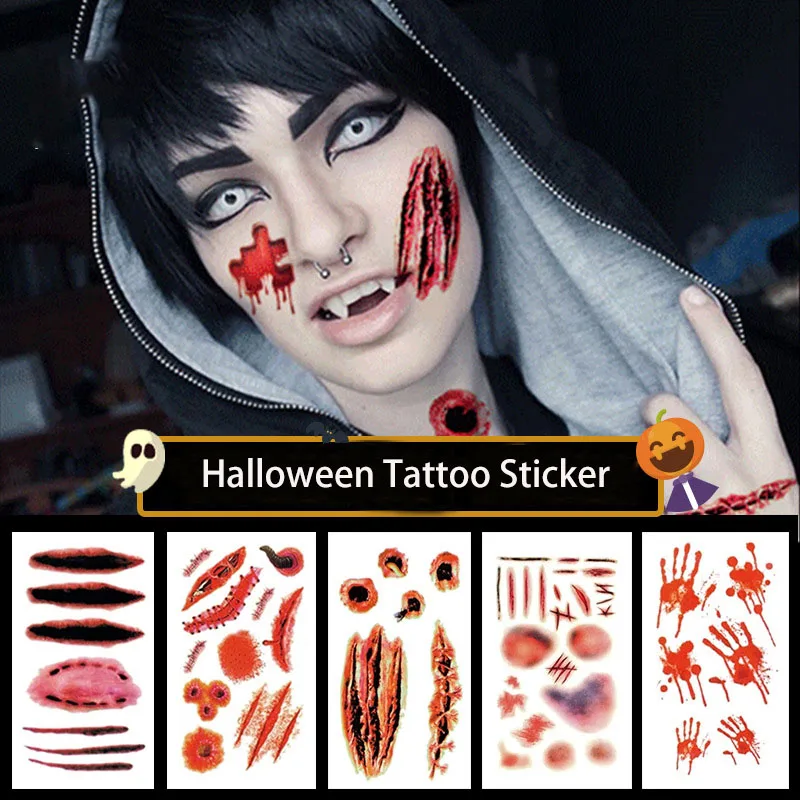 

Halloween Zombie Scars Tattoos Stickers Different Pattern Temporary Tattoos Paste with Fake Scab Blood Special
