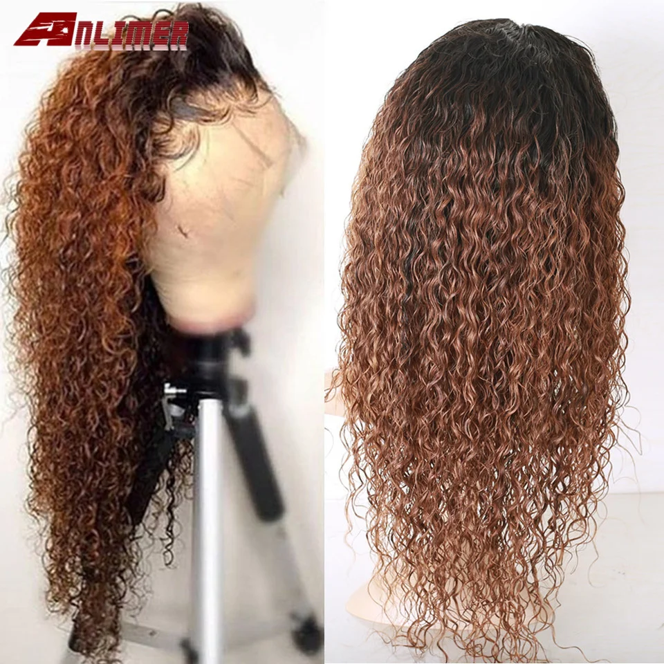 Anlimer Омбре T1b/30 кудрявые бразильские волосы remy Цвет Омбре кружевные передние человеческие волосы парики с детскими волосами отбеленные узлы