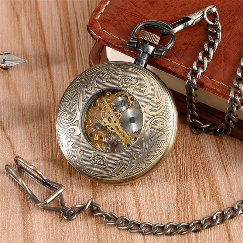 Classical Bronze Unisex Mechanical Hand Winding Skeleton Pocket Watch Roman Numeral Dial Fob Pendant Chain Open Face Clock