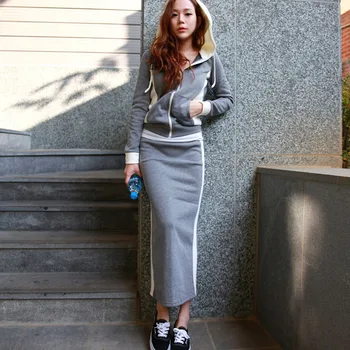 

Casual Two Piece Skirt Matching Woman Set 2019 Hoodies Long Sleeve Jacket+Maxi Pencil Skirt Autumn 2XL Plus Size Women Tracksuit