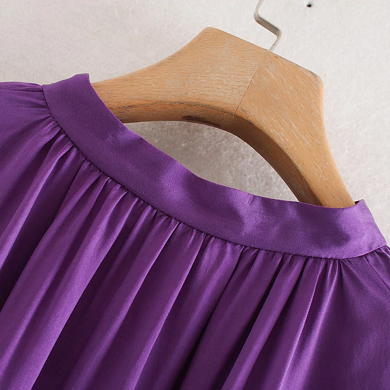 Fandy lokar, женские блузки со стоячим воротником, модные однотонные фиолетовые рубашки с поясом, женские элегантные топы с длинным рукавом для женщин