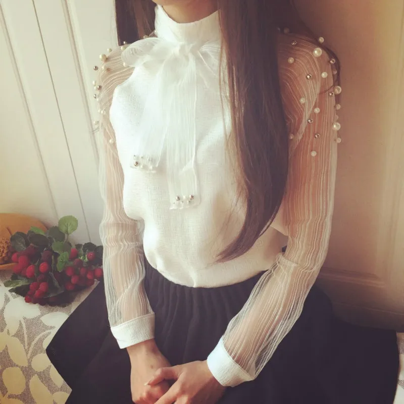 Женская блузка из шифона с длинным рукавом и объемным декором|pearl top|chiffon blouseblouse