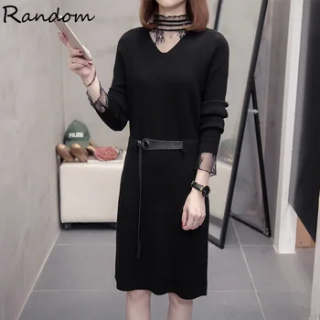 

Plus Size 2020 Fall Kintted Sweater Bandage Dress Women Long Sleeve Fashion See Through Sexy Dresses Autumn Patchwork Clothing