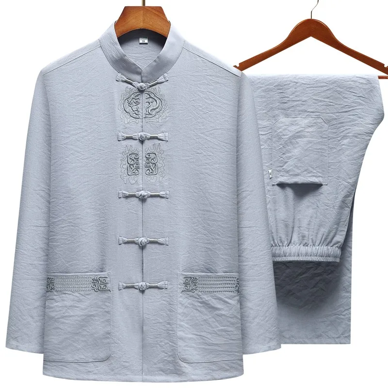 Plus Size Men Kung Fu Suit Embroidery Tang Suit Spring Autumn 2PCS Shirt&Pants Chinese Traditional Tai Chi Clothes 3XL 4XL 5XL tai chi clothing chinese traditional costume