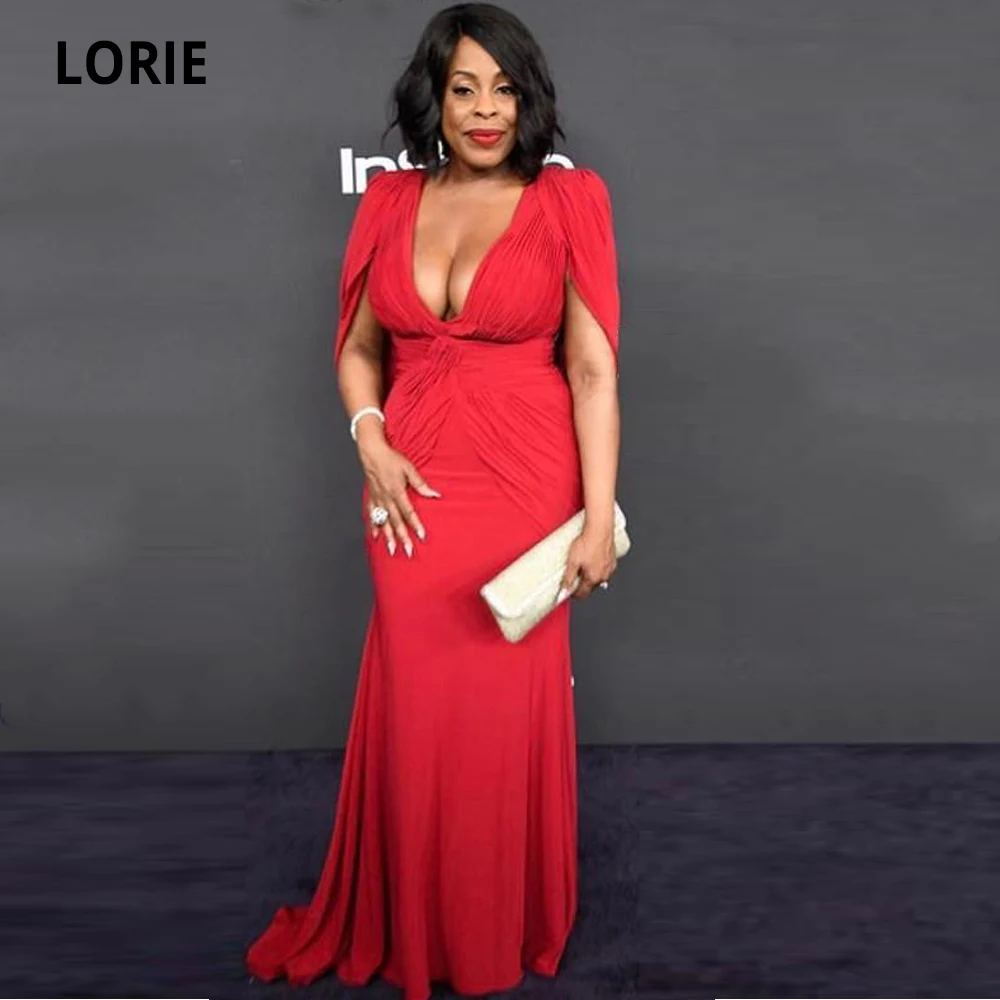 LORIE Plus Size Red Evening Gowns Mermaid Long with Cape Chiffon Cap Sleeve Deep V-Neck Women Formal Celebrity Dress Custom Made | Свадьбы и