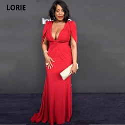 LORIE Plus Size Red Evening Gowns Mermaid Long with Cape Chiffon Cap Sleeve Deep V-Neck Women Formal Celebrity Dress Custom Made