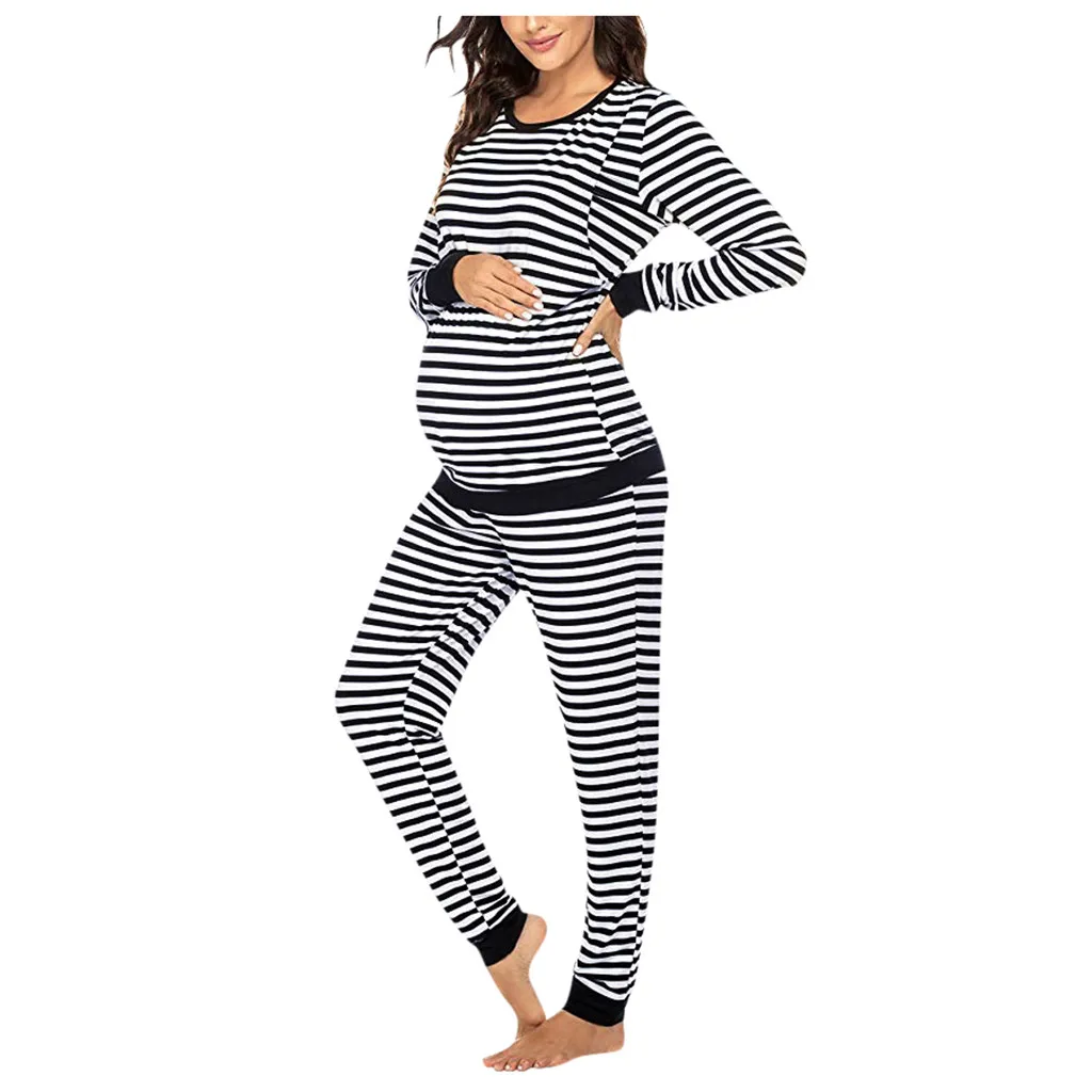 Одежда для кормления, комплекты ночного белья для женщин, футболка с длинными рукавами для беременных, топы+ полосатые штаны с принтом, пижамный комплект, костюм для матерей - Цвет: Черный