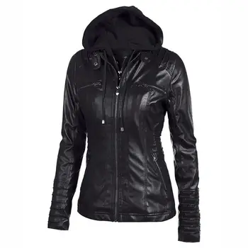 

Women Casual Full-Zip O Neck Long Zipper Sleeve Spring, Autumn Synthetic Leather Solid Hooded Jacket Tops