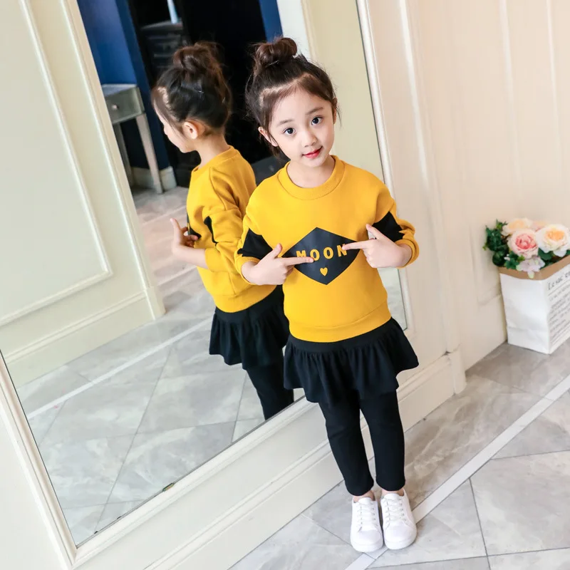 

Baby Girls' Sweater Suit Korean-style Big Virgin Pure Cotton Culottes Two-Piece Set Hoodie Divided Skirt Little Girl Sports Clot