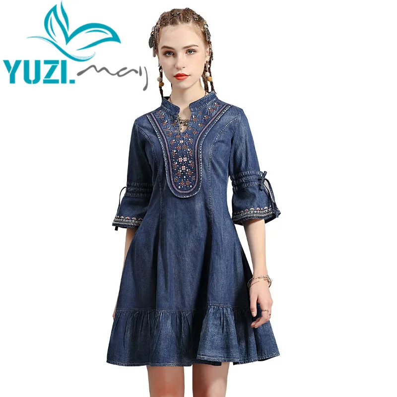 

Летнее платье 2020 Yuzi.may Boho новые джинсовые женские платья с v-образным вырезом и расклешенными рукавами винтажные платья с вышивкой A82223