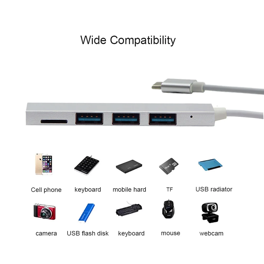 4 In 1 Hub USB3.0 TF Card Reader To Type-C