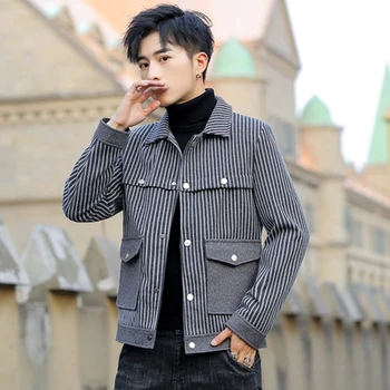 

2019 men's jacket autumn and winter trend Slim striped lapels coat personality handsome short paragraph woolen