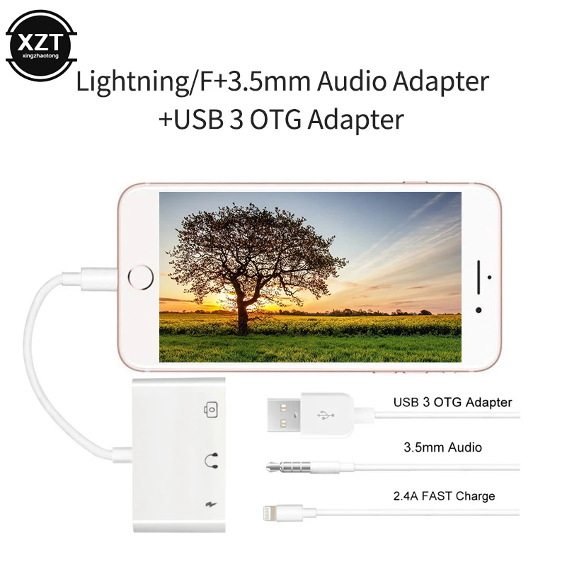 

3 in 1 Adapter Converter For Lightning to 3.5mm Audio OTG USB 3.0 Camera Reader with Charge Port For iPhoneX XS XR iPad/iPod