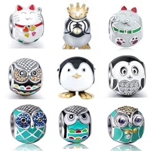 Fit Pandora Браслеты стерлингового серебра 925 Высокое качество Сова Кот Пингвин Талисманы Бусины ювелирные изделия для мамочек подарки