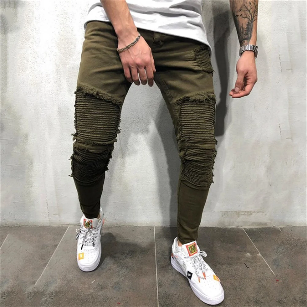 Summer Army Green Stiletto Jeans Men's Ripped Holes Wrinkled Wave Stripes Decorated High Stretch Pants Slim Locomotive Frayed