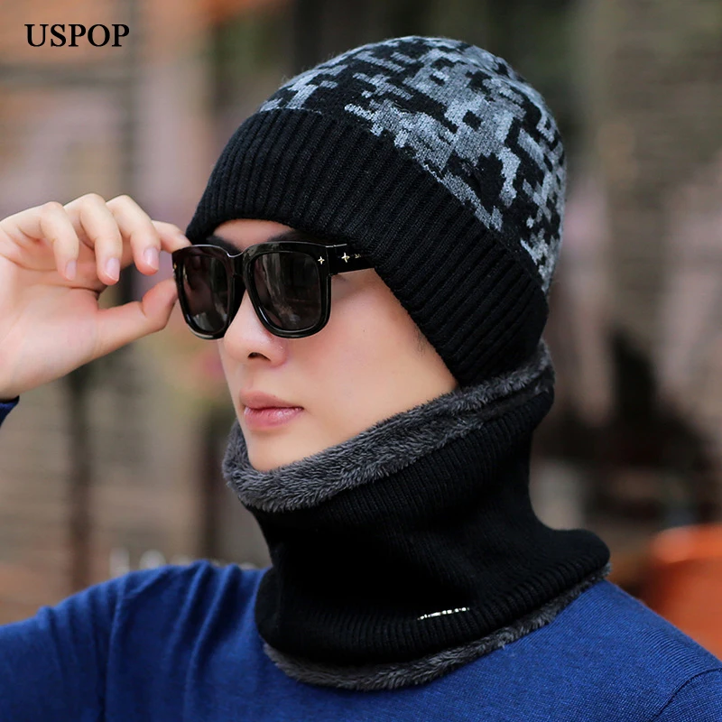 

USPOP 2019 New winter hats for men thick knitted skullies set camouflage print beanies 2 pieces male warm hats caps