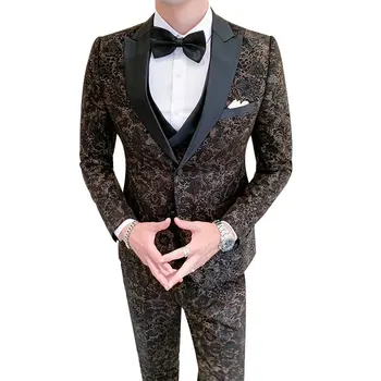 

Luxury Blazer Men's 3 Pcs Set British Style Printing Plant Flowers Banquet Dress Men's Suit Three Piece Coat Pants Vest