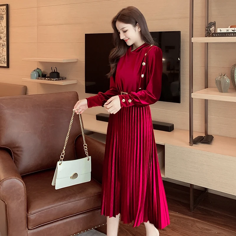 3 Colors Velveteen Pleuche Womens Dress Autumn Winter Long Sleeve Vintage Long Vestidos Female Party Casual Burgundy Black Green