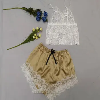 

Two sexy soft and comfortable solid color sleeveless tops and lace-covered panties ladies pajama set