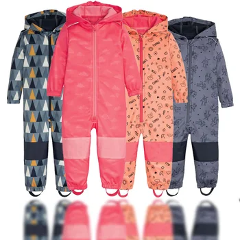 

2021 new 2-10 year old children's soft shell jumpsuit for boys and girls plus fleece jumpsuit windproof and rainproof