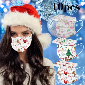 

10PCS Disposable Face Mask Adult Christmas Masks Earloop Printing Mascarilla Navidad Mascherine Disposable Face Cover маски