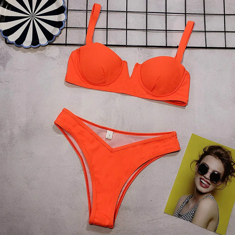 Сексуальный бикини, женский купальник с пуш-ап, женские купальники, монокини, v-образный вырез, с боковыми лямками, комплект бикини, оранжевый, розовый, зеленый, белый, синий - Цвет: style 2 orange
