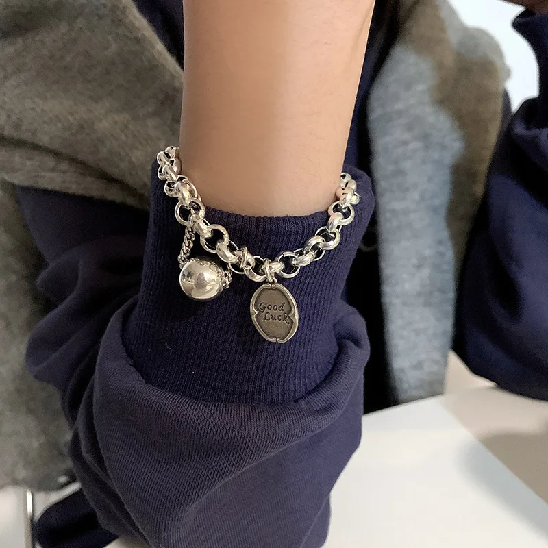 Foxanry Stamp Bracelet Trendy Rock Hip Hop Vintage Creative Good Luck Thick Chain Tassel Beads Party Jewelry Gifts