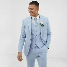 Groom Suit Set Light Blue Wedding Men Suits Wear Tuxedos Coat Dinner Suit Prom Dresses Evening Dress 3 Pieces(Jacket+Pants+Vest)