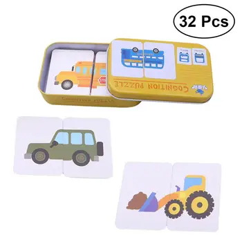 

32Pcs Cognition Puzzle Jigsaw Flash Cards Early Education Learning Toys with Tin Box (Transport)