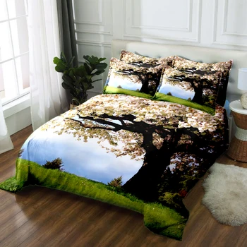 

Green Forest Print Bedding Duvet Cover set White Jasmine Tree Pattern Soft Bed Comforter set 3pcs Quilt Cover Pillowcase CP-B09