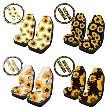 

5PCS/SET Car Steering Wheel Cover with 2PCS Car Front Seat Covers 2PCS Sunflower Pattern Center Pad Covers Auto Accessories