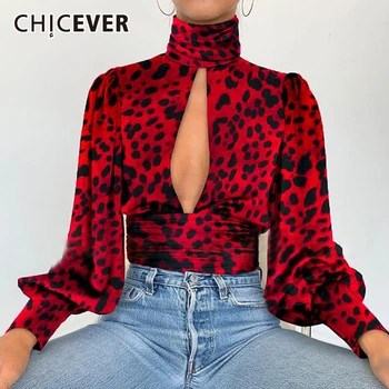

CHICEVER Sexy Leopard Hit Color T-shirt Female Turtleneck Lantern Sleeve Hollow Out Plus Size Loose Shirt Women 2020 Fashion New