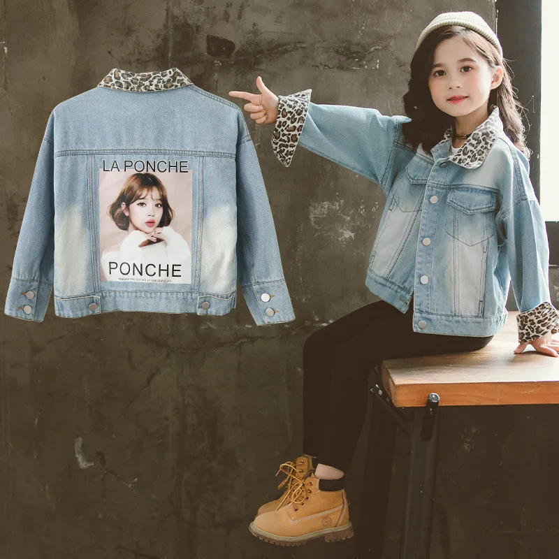 

2019 Autumn New Style Children Jeans Coat Girls Leopord Pattern Washing Korean-style Loose-Fit Printed Kids' Overcoat