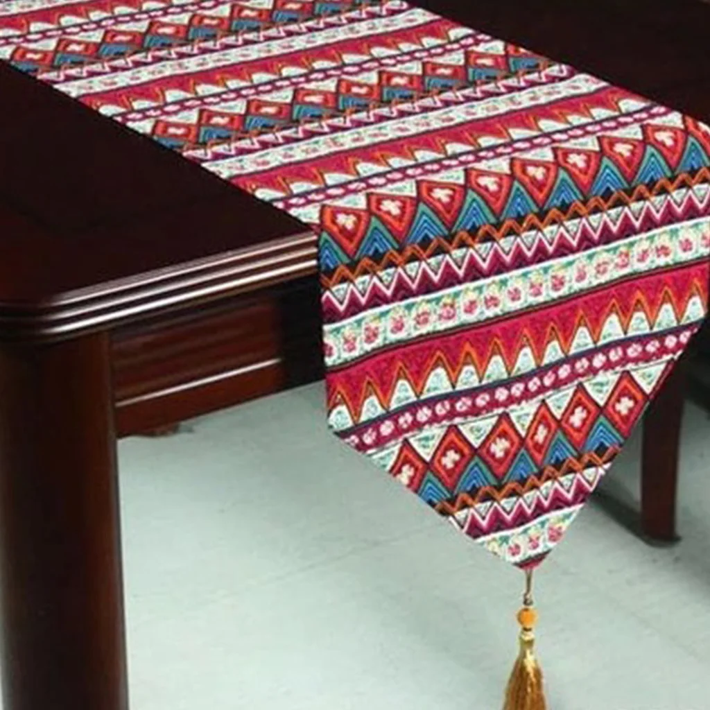 Southeast Asia Style Mixed Geometric Stripes Table Runner Flag Bohemian Cotton Washable Tablecloth with Tassels Dresser Scarf