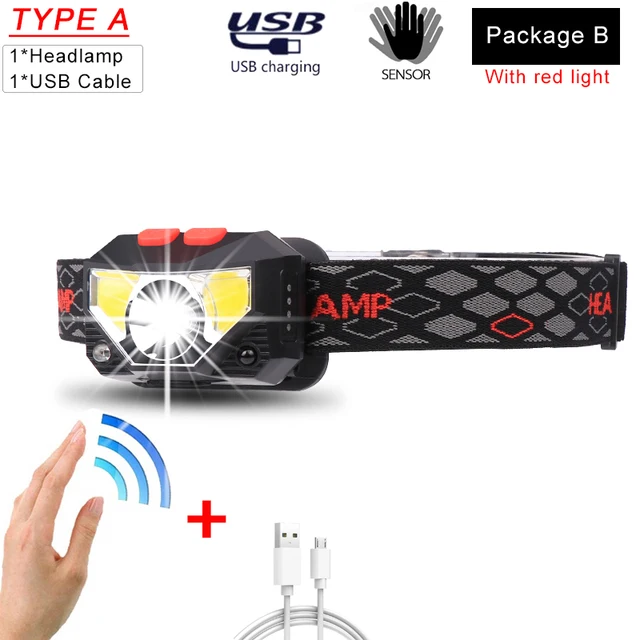 Powerful LED Headlight Sensor Head Light USB Rechargeable Headlamp Head Torch Waterproof for Camping Hiking Fishing Package B