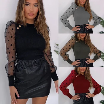 

Sexy Women Mesh Polka Dot Patchwork Button See through Lantern Sleeve Breathable Women Blouse Tops Shirt