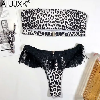 

AIUJXK New 2020 Summer Tassel Leopard Bra Set Women Sexy Lingerie Beachwear Biquini Swim Suit Bra And Panty 2 Piece Swimsuit