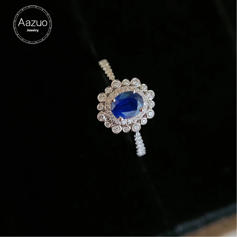 Aazuo 18K White Solid Gold Natural Blue Sapphire 0.40ct Real Diamonds 0.20ct H Classic Oval Ring for Women Senior Banquet Party