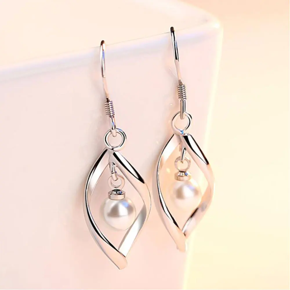 925 Sterling Silver Geometric Twist Water Drop Earring Connected With Pearl Earrings Jewelry For Women Wedding S-E310 | Украшения и