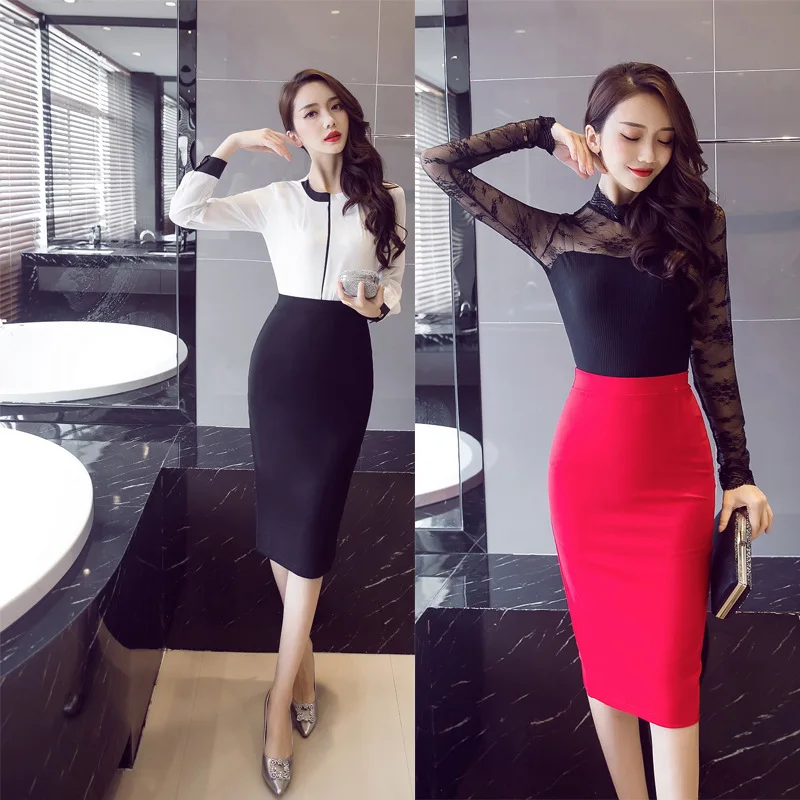 

2019 Spring And Summer New Style Korean-style Versatile Skirt High-waisted Elasticity Skirt Midi-skirt Back Slit Women's