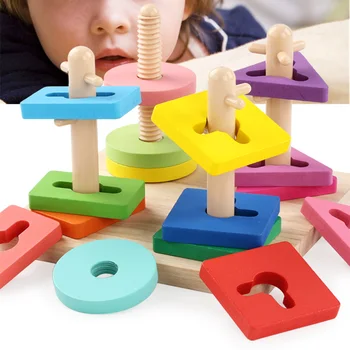 

Doolland Wooden Building Blocks Sets Baby Kids Rainbow 4 Column Educational Geometric Cartoon Rabbit Shape Matching Toy Gift New