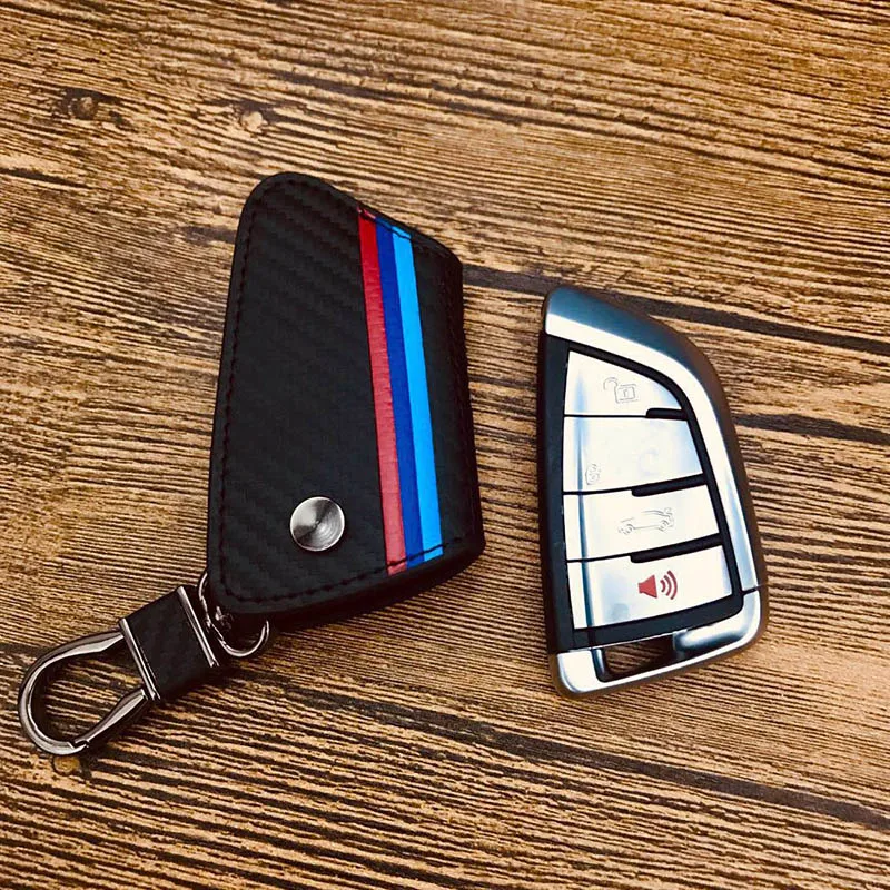 

Leather Car Remote Key Bag Case Holder with Key chain for BMW M-Colored stripe Carbon Fiber X1,X5, X6 new design key shell