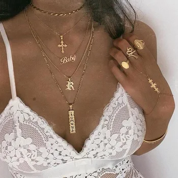 

Vintage Multilayer Alphabet Cross Pendant Necklace for Women Bohemian Geometric Gold Chain Collar Necklace 2020 Jewelry Gift